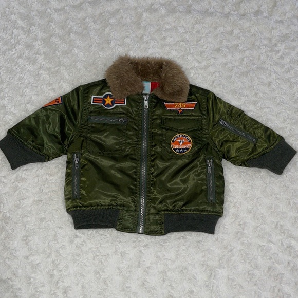KIDS PLAY Top Gun 745 Bomber Jacket Green & Red patches and multiple pockets 12M - Picture 3 of 13